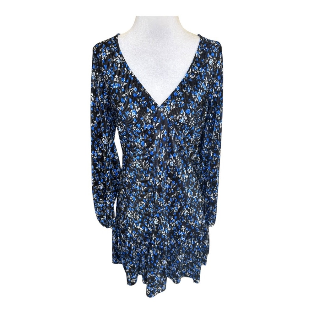 ASOS Petite Floral Pleated V-Neck Long‎ Sleeve Mini Dress Black Blue Size US 2